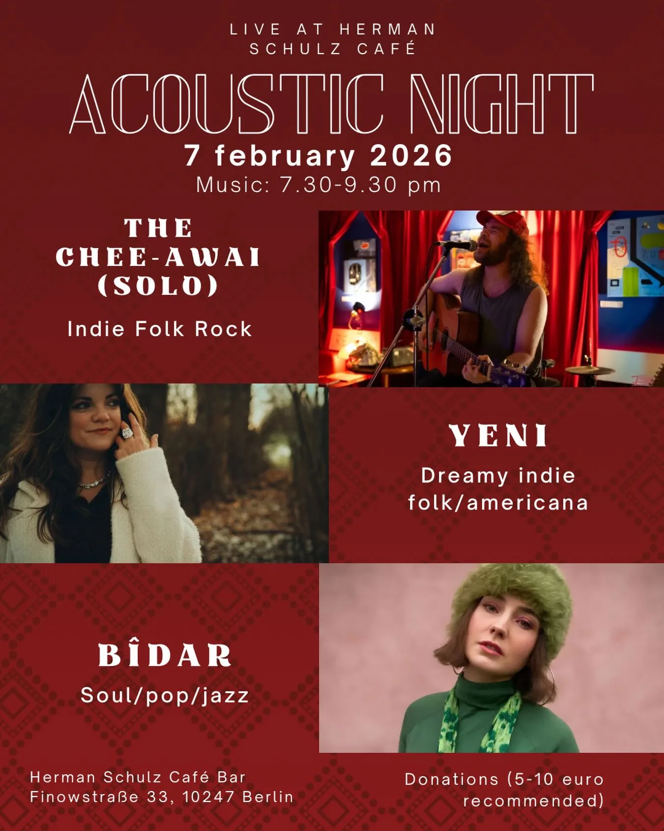 Hey folks, on Saturday the 7th of February we’re throwing a café concert at Herman Schulz Café, @chee_awai invited me to come perform alongside @bidar.music , we’re all playing short sets of about 20-30 minutes each. Swing by if you’re free, it will be super cosy.
.
.
It will be a night of Folk, Indie rock and Soul. Chee-Awai will play his songs with acoustic guitar, Bidar will play piano and sing, and yours truly is preparing a special set for the night. It will be my first concert of the year, so don’t you miss it. Music from 19.30 until 21.30, we’re doing donations (but we recommend you to pay 5 to 10).
Hope to see you there!
@hermanschulzcafe
#indiefolk #livemusic