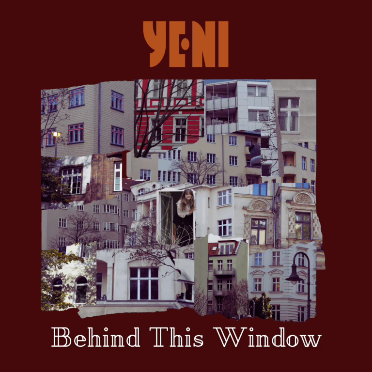 "Behind this window" artwork, a collage of photos of window. In the middle is a photo of YENI in a window. The collage has a red border on all sides.