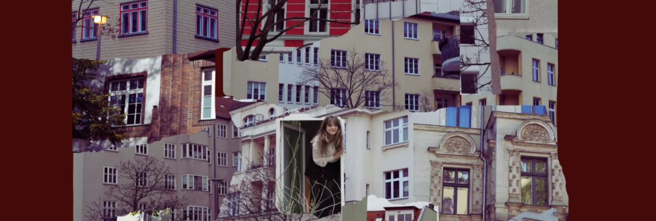 "Behind this window" artwork, a collage of photos of window. In the middle is a photo of YENI in a window. The collage has a red border on all sides.